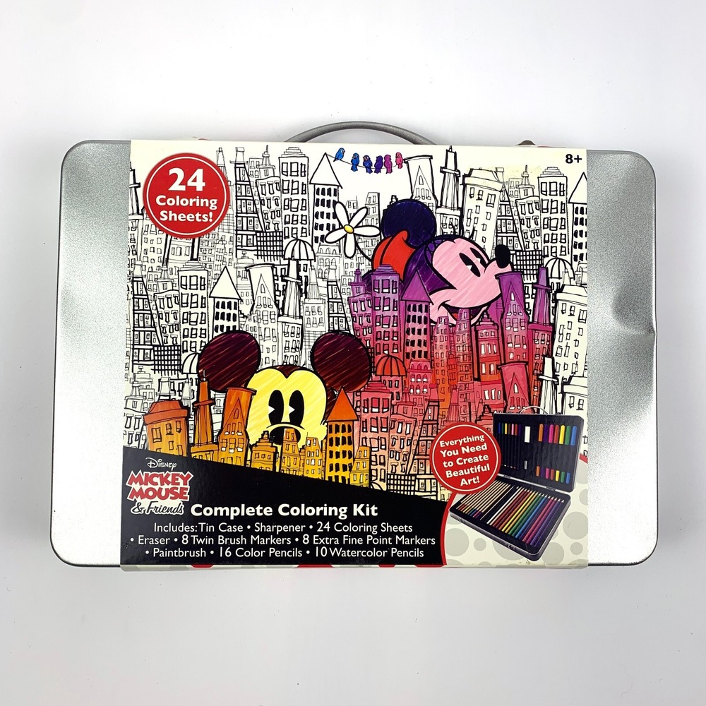 Disney Mickey Mouse & Friends Complete Coloring Kit Tin Case 24 Coloring *Damage